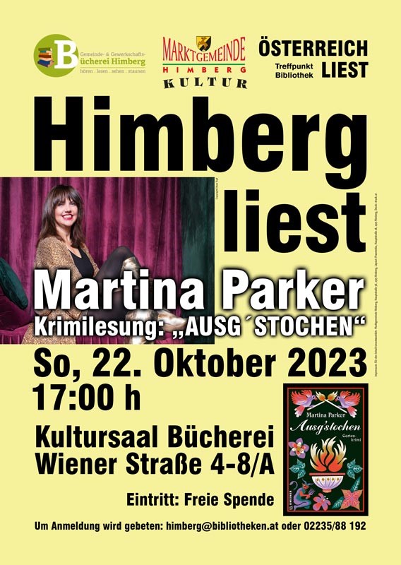 Plakat mit Infor zur Lesung: 22.10 um 17 Uhr in Bücherei Himberg